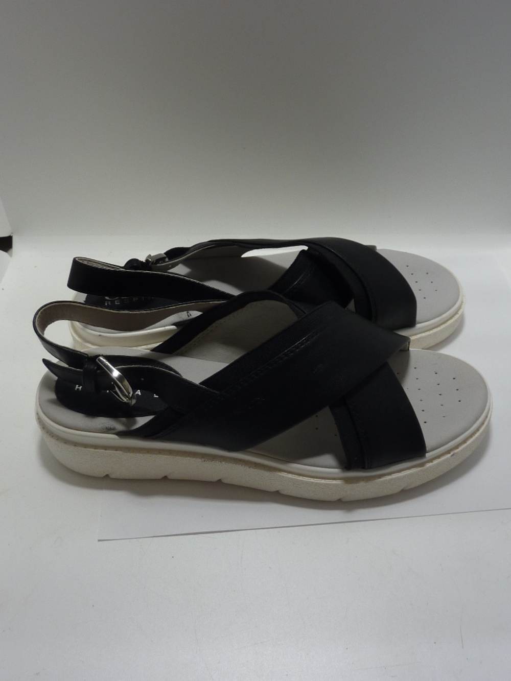 GEOX Women's 8 Crossover Sandals Black Patent Leather Buckle White Rubber Sole